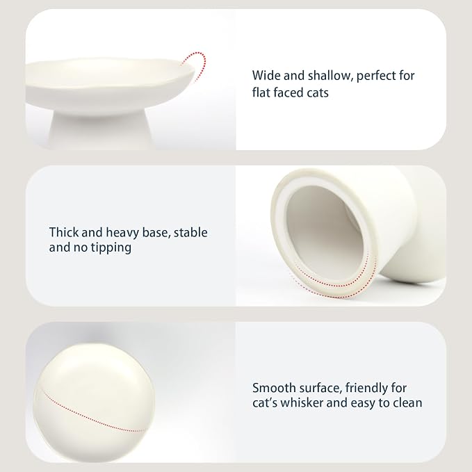 Extra Wide 6.1" Raised Cat Food Bowl, Shallow Ceramic Elevated Cat Feeder, Anti Vomiting, Stress Free, Whisker Fatigue, Pet Food or Water Bowl, White - Image 2