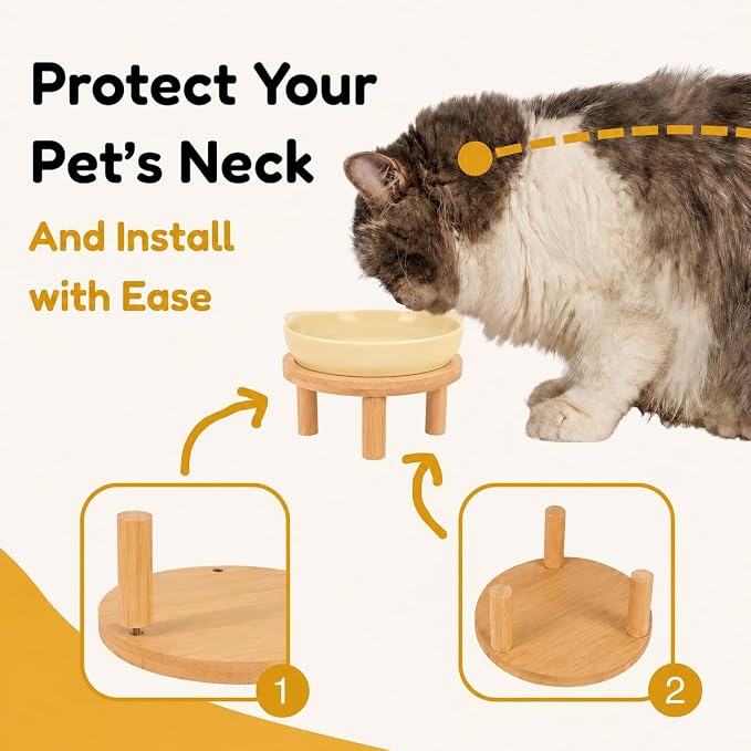 Elevated Ceramic Cat Bowls with Bamboo Stand for Cat Bowl, Whisker Friendly Shallow Cat Plate, Stable Raised Cat Food Riser for Indoor Cats (Yellow, Set of 1) - Image 3