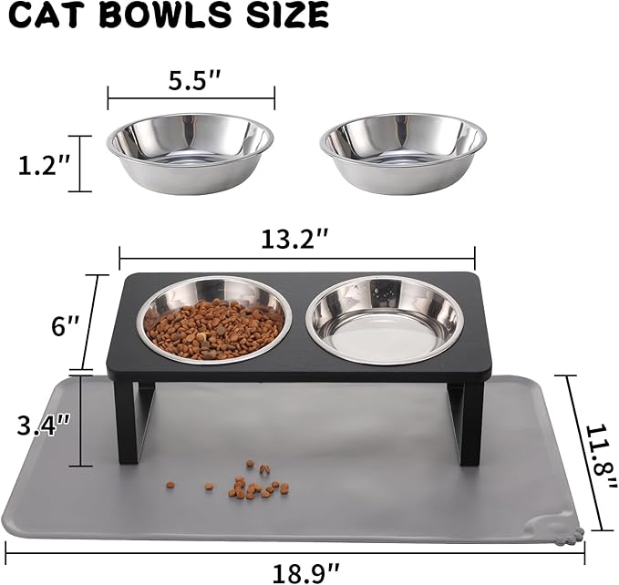 Summark Upgraded Elevated Cat Bowls with Food Mat,15°Tilted Stand Anti Vomiting Raised Cat Dishes for Food and Water,2 Stainless Steel Bowls for Cats and Puppy（Black） - Image 5