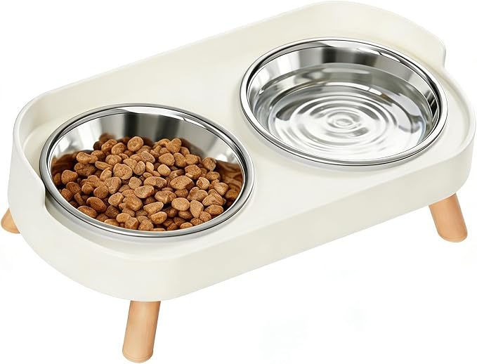 Elevated Cat Bowls, 2 Stainless Steel Raised Cat Food and Water Bowl Set, Splash Proof & Non-Slip, Whisker Fatigue Friendly, Dishwasher Safe for Cats and Small Dogs - White by Unknown