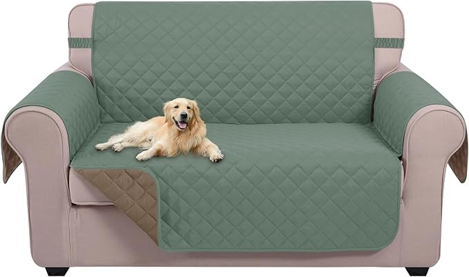 U-NICE HOME Loveseat Sofa Cover for 2 Cushion Couch, Greyish Green/Taupe | 45''Loveseat Cover Washable, Pet Friendly, Elastic Straps, Water Repellent, Furniture Protector for 2 Cushion by U-NICEHOME
