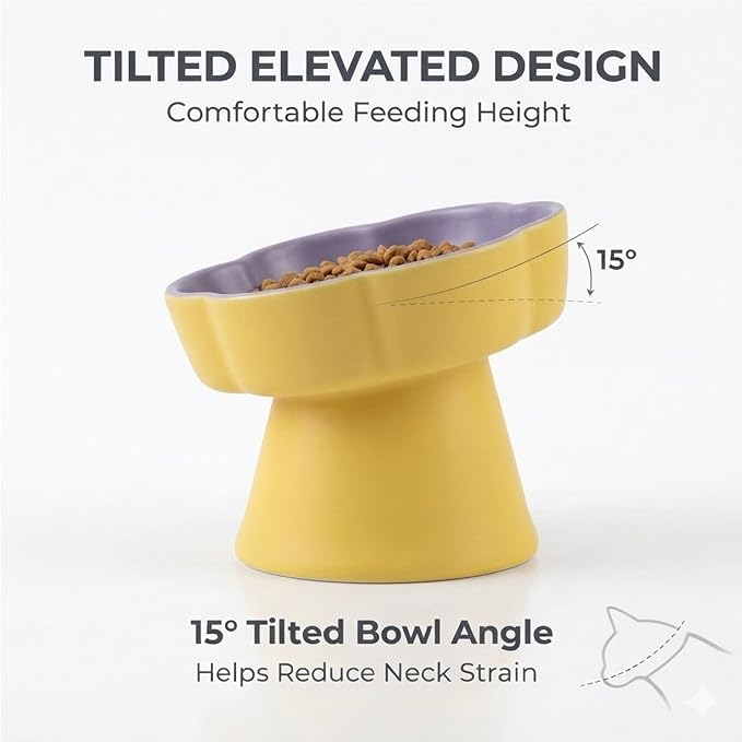 Ceramic Elevated Slow Feeder Cat Bowl, Raised and Gently Tilted Feeding Dish with Maze Design, Whisker-Friendly, Easy to Clean, for Indoor Cats and Small Dogs (Yellow/Purple) - Image 3