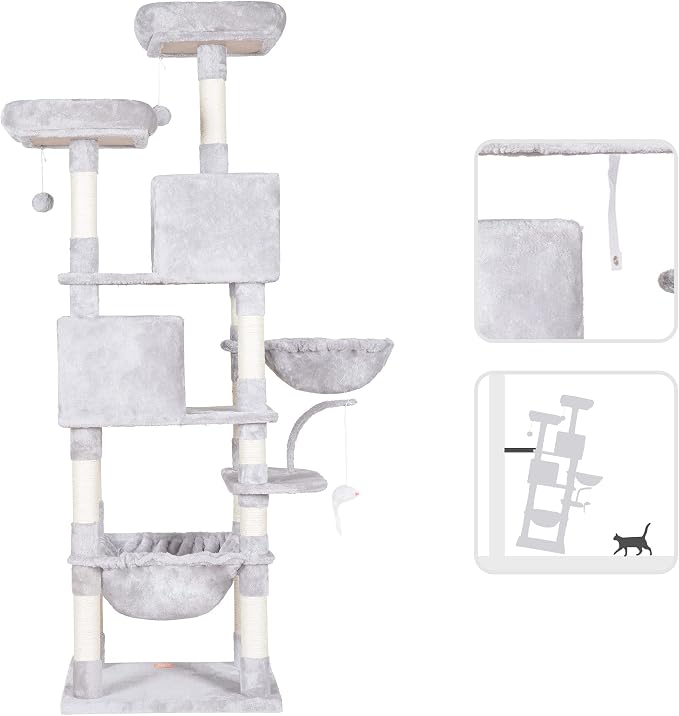 Heybly Cat Tree, 70 inches Tall Cat Tower for Indoor Large Cats HCT032W | Big Cat Condo with Toy , Cat House Furniture with Padded Plush Perch, Cozy Hammock and Sisal Scratching Posts, Light Gray - Image 6