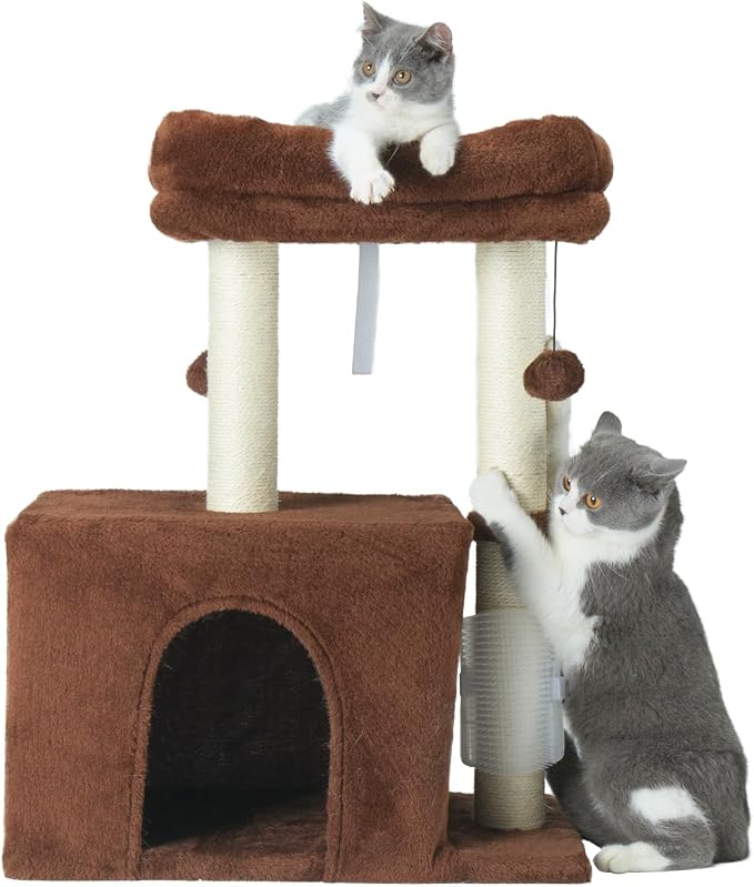 PEEKAB Small Cat Tree Tower,Scratching Post with Condo and Perch for Indoor Cats and Kittens,with Dangling Ball Massage Brush,Brown by PEEKAB