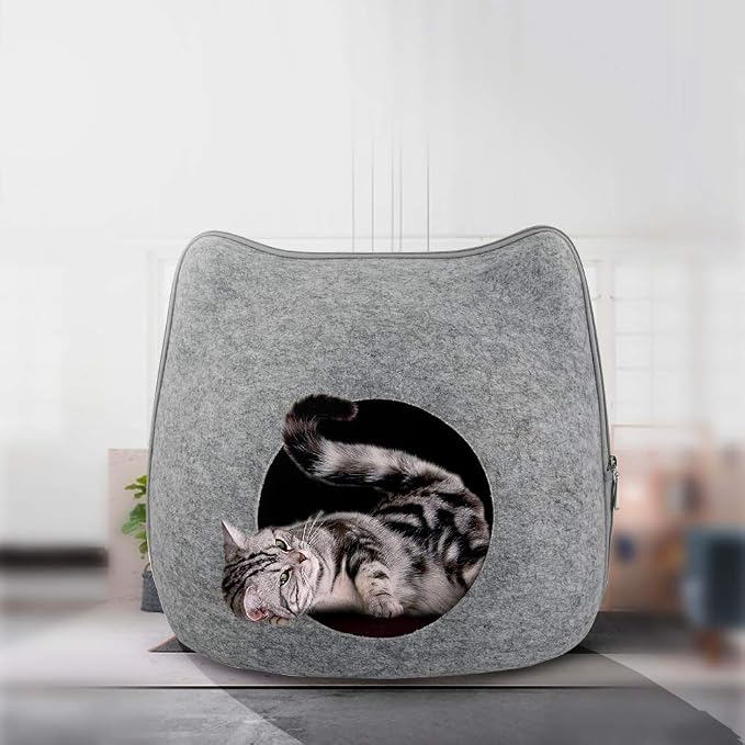 Felt Cat Cave Bed with Removable Cover, Cozy Pet Shelter for Indoor Cats, Zippered Washable Cat House with Roomy Interior (Light Gray, for Cats Under 15 lbs, Cat Ear Style) by YolieraArt