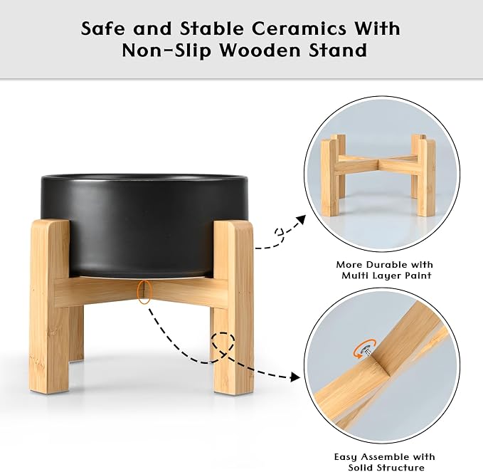 SPUNKYJUNKY Ceramic Elevated Dog Bowls 2 Pack - 6.1inch Raised Dog Bowls with Non-Slip Wooden Stand for Medium Dogs Dishwasher Safe(Black,28.7OZ*2) - Image 4