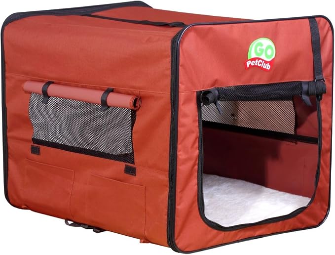 Go Pet Club 32" Soft Collapsible Dog Crate, Portable Pet Carrier, Thick Padded Pet Travel Crate for Indoor & Outdoor, Foldable Kennel Cage with Durable Mesh Windows, Brown by Go+Pet+Club