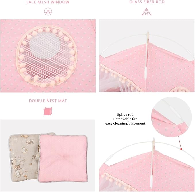 Selena Cat Bed Tents Dog House Indoor Outdoor Lace Mesh Breathable Windows Door Curtains Removable Portable Nest Teepe House (Large,Pink(Flower)) - Image 4