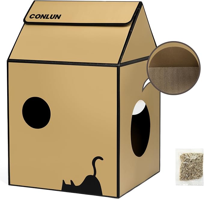 Conlun 2-in-1 Cat House Cardboard Scratching Pad Indoor Cave <13 lbs | 2-in-1 cozy cave, heavy-duty recycled cardboard | traps messy crumbs | quick setup | ideal for small cats - Image 9