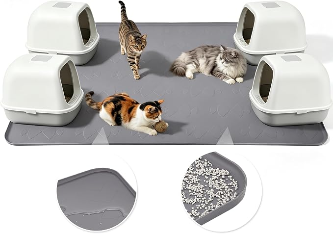 Cat Litter Mat, XL 54x34in Waterproof Silicone Litter Box Mat, Grey | XXL Cat Mat Fits 2-4 Litter Boxes, Litter Trapping Mat with Raised Edges, Non-Slip Bottom, Easy Clean Kitty Litter Mat by Colewin