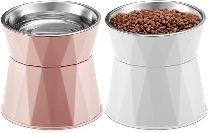 Lallisa 2 Pcs Elevated Cat Bowls Adjustable Raised Cat Feeder Non Slip Food Water with Stand Safe Stainless Steel Bowls with Pet Food Stand for Pets Feeding Eating(Pink, White) by Lallisa