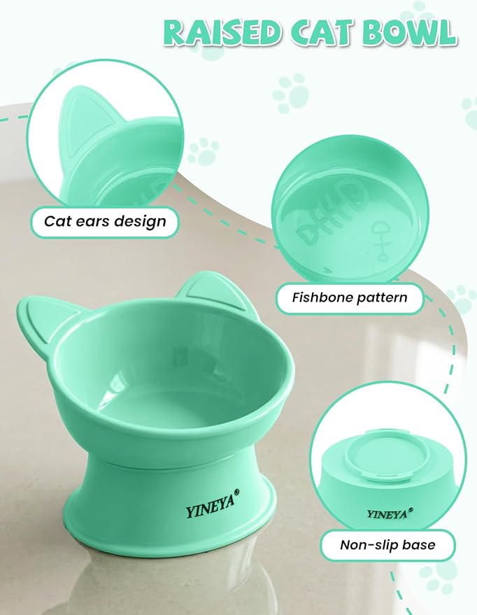 YINEYA Elevated Cat Bowls 2 Pcs, Cat Food Bowl to Protect Neck & Anti-Vomit, Whisker-Friendly Raised Food and Water Bowls Set for Indoor Cats/Small Dogs, Cute Pet Feeding Bowl 6 OZ Each, Pink & Green - Image 5