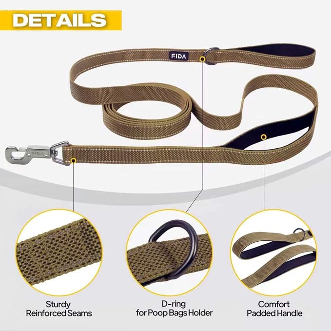 Fida 10 FT Heavy Duty Dog Leash, Dual Padded Handles for Medium Large Dogs | Traffic Handle for Close Control, Advanced Easy Snap Hook, Reflective, Strong Nylon Webbing for Long Walks & Training, Brown - Image 6