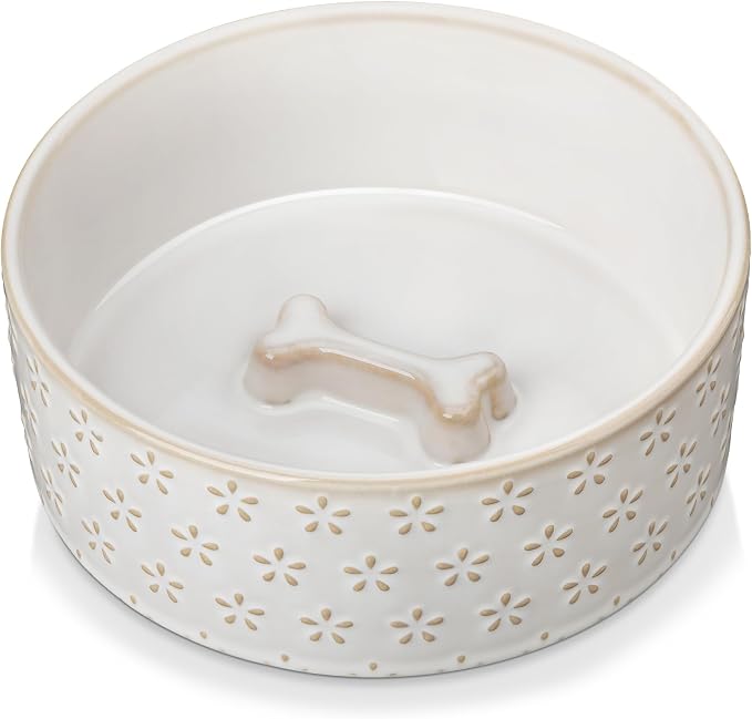 MALACASA Ceramic Dog Food Bowl, Water Dish for Medium Breeds, 3.5 Cups | Five-Leaf Grass Pattern, Ceramic Pet Bowl, Food and Water Dish, Dishwasher and Microwave Safe, for Medium Dogs by MALACASA