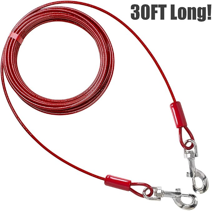 BV Dog Tie Out Cable 30 Feet - Heavy Duty Dog Lead Up to 125 Pounds - Reflective & Rust-Free with Quick Release Swivel Clips & 360° Rotating Clasp - Tangle-Free Dogs Runner for Yard (Red, Single) - Image 3