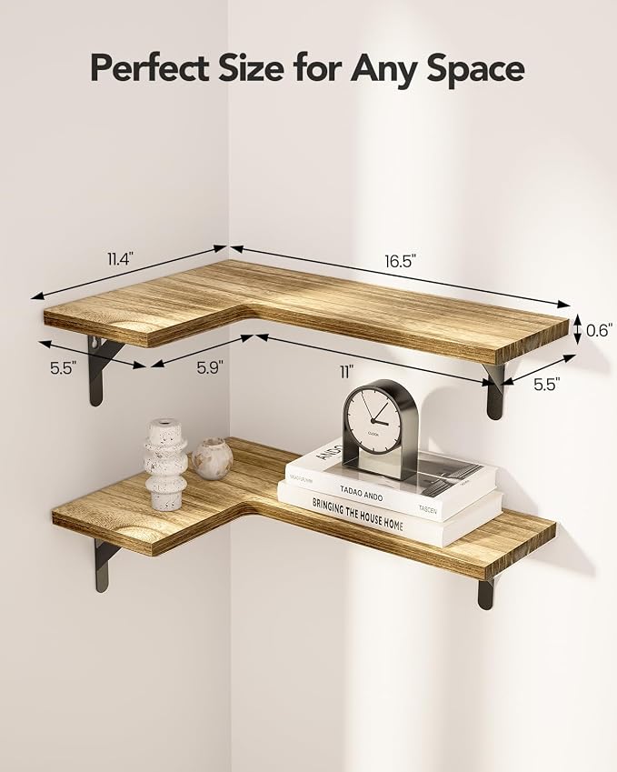 Amada Corner Floating Shelves, Paulownia Wood, Set of 4, Natural Wood | Corner Wall Shelves with Triangular Metal Bracket, 44 lbs Capacity per Shelf, L-Shaped Design for Bathroom, Laundry Room - Image 2