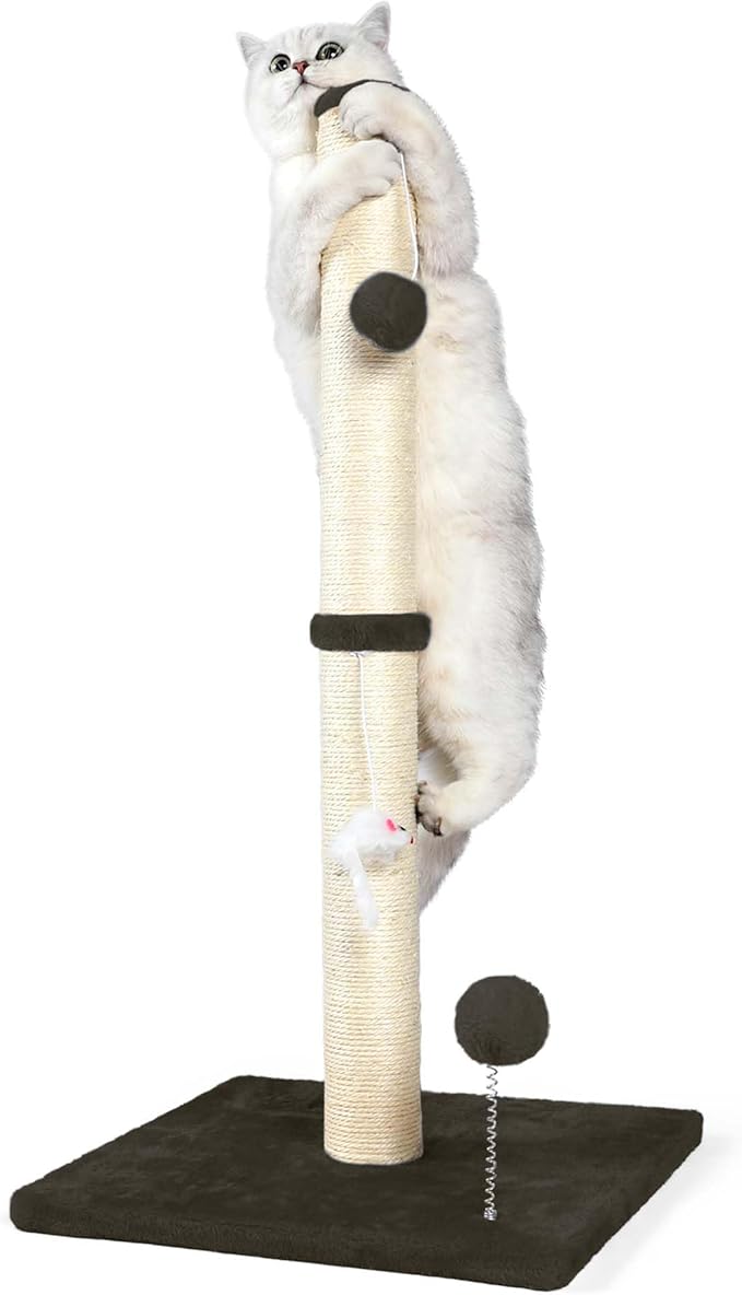 ANWA 32" Tall Sisal Cat Scratching Posts Tree for Indoor Cats Adults, Brown | Sisal Cat Scratcher, Small Space, Cat Post with Dangling Plush Toys for Indoor Cats, 15.7" Stable Base, Cat Furniture by ANWA