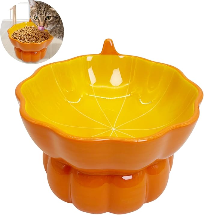 Hamiledyi Ceramic Raised Cat Bowl Tilted 15° Elevated Cat Bowl for Food or Water Anti Vomiting and Whisker Fatigue Cute Pumpkin Shaped Pet Feeder Bowl for Indoor Cats Kitten and Dogs (Orange Pumpkin) by Hamiledyi