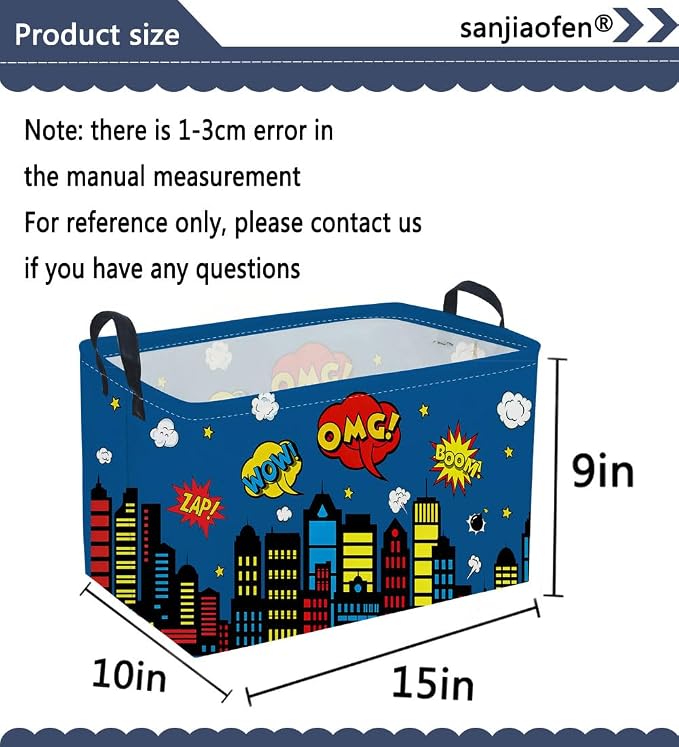 Sanjiaofeng Rectangular Blue City Hero Skyline Basket,Baby Storage Bins with Handles,Comics Hero Kid Basket,Building Silhouettes Storage Bin,Room Decor(Building) - Image 7
