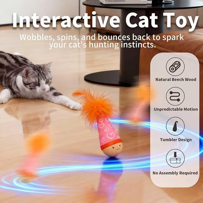 Lulu's world Solid Wood Wobbler Cat Toy with Catnip for Cats,Feather Style | Cat Punching Bag,360° irregular motion, noiseless physical drive, hardwood construction, rounded finish,interactive toys - Image 2