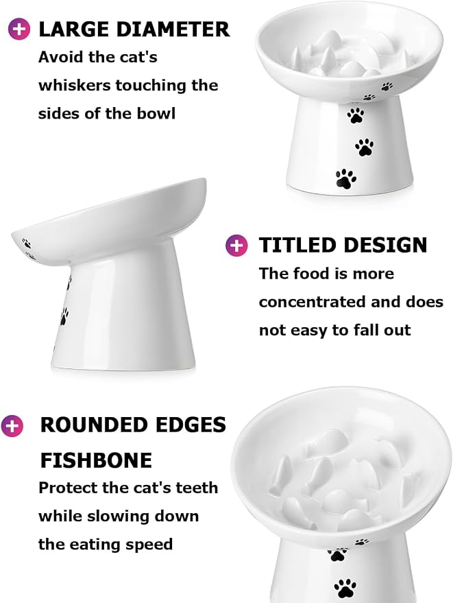 Y YHY Slow Feeder Cat Bowl, Ceramic Cat Slow Feeder Bowl, 6 Inches, Elevated, Anti Vomiting for Dry and Wet Food, White - Image 6