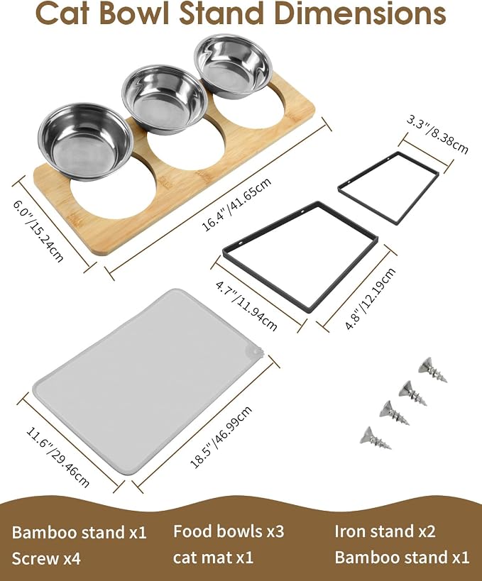 Elevated Cat Bowls, 15°Tilted Raised Cat Food Bowls with Mat, Cat Food and Water 3 Stainless Steel Bowl Set for Indoor, Anti-Vomiting, Whisker Fatigue. - Image 7