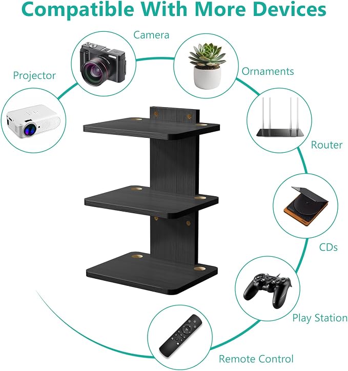 WALI Floating TV Projector Shelf, Holds Up to 22lbs, Black Floating Shelf for Under TV for DVD Players, Cable Boxes, Routers, Game Consoles, PlayStation Accessories (CS303NB), 3 Shelf - Image 7