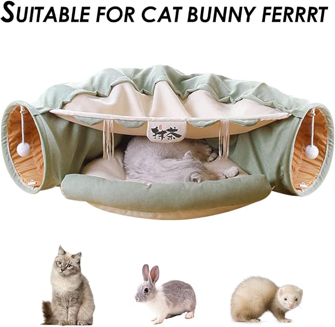 EAEDMY Cat Rabbit Tunnel Bed Nest for Cats Indoor, with Collapsible Washable Soft Cushion, Plush Ball and Exercise Wheel Tube, Fit for Puppy Bunny Kitty Kitten Ferret - Image 6