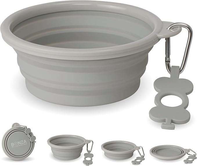 Bonza Collapsible Dog Bowls - 2 Pack, Small 12 oz, Dog Travel Accessories, Silicone Portable Dogs Bowl & Water Dish with Reinforced Rim & Carabiner for Hiking, Camping, and Car Trips, Light Gray by Bonza