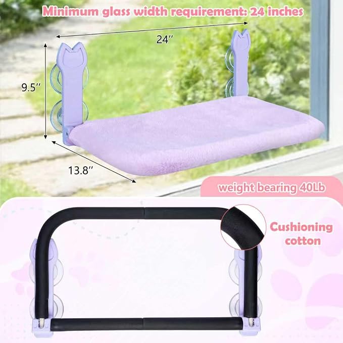 2 Pack Cat Window Perch,Cat Window Hammock Cordless Foldable Window Bed with 4 Large Strong Suction Cup,Reversible Cushion Cover,Metal Frame Easy to Adjust Window Seat Holds up to 40lbs(Purple) - Image 2