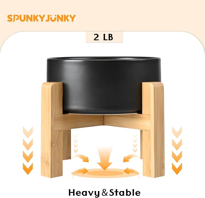 SPUNKYJUNKY Ceramic Elevated Dog Bowls 2 Pack - 6.1inch Raised Dog Bowls with Non-Slip Wooden Stand for Medium Dogs Dishwasher Safe(Black,28.7OZ*2) - Image 6