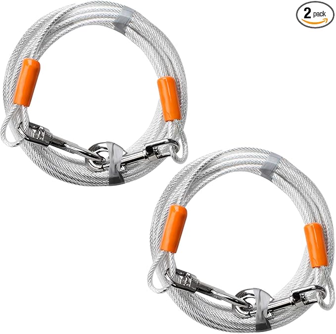 BV Dog Tie Out Cable 25 Feet - Heavy Duty Dog Lead Up to 90 Pounds - Reflective & Rust-Free with Quick Release Swivel Clips & 360° Rotating Clasp - Tangle-Free Dogs Runner for Yard (Silver, Pair) by BV