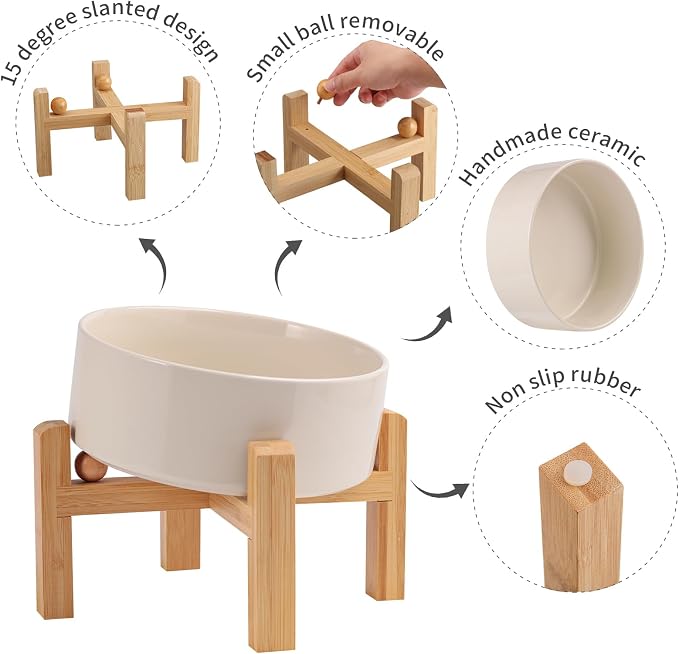 Elevated/Raised 15°Tilted Anti Slip Ceramic Dog Bowl for Medium & Large Breeds,Slanted Bulldog Big Face Pet Feeding Food Water Dish Stand for Dogs (7.6 Cups/60OZ) Beige - Image 5