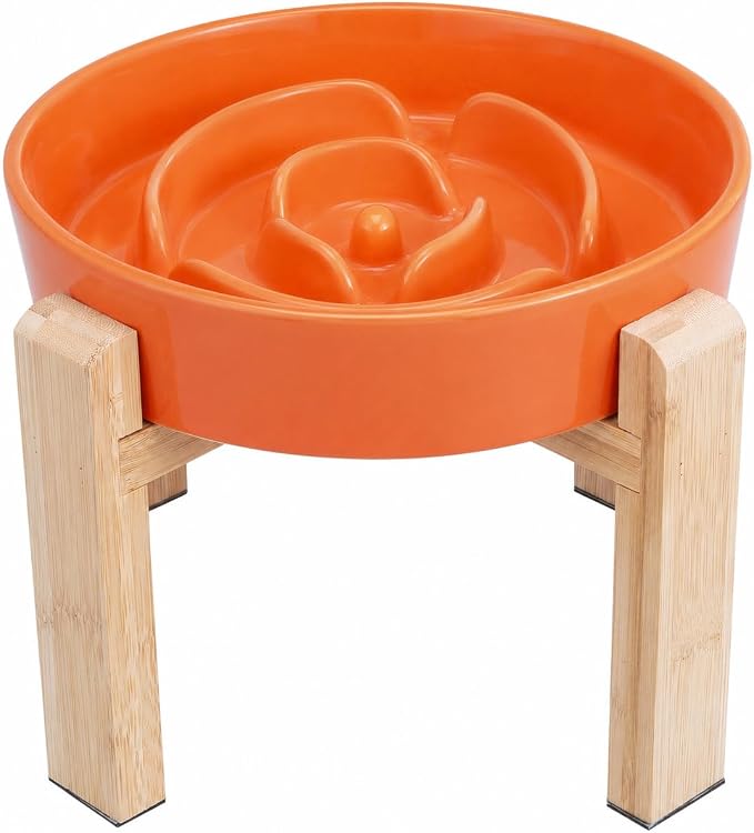 Elevated Slow Feeder Dog Bowl, 8.8" Ceramic Maze Dog Bowl with Stand | 3.2 Cups Slow Feeding Dog Dish for Fast Eaters, 7" Tall Anti-Slip Raised Slow Feeder for Medium to Large Breeds, Orange by PTOBER