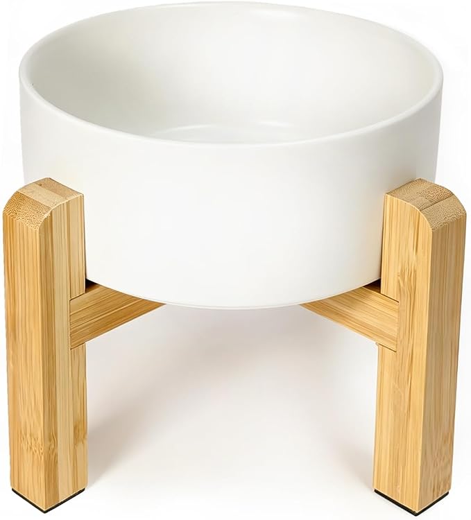 Ceramic Elevated Dog Bowl with Bamboo Stand, for Small & Medium Dog, White by HCHLQLZ