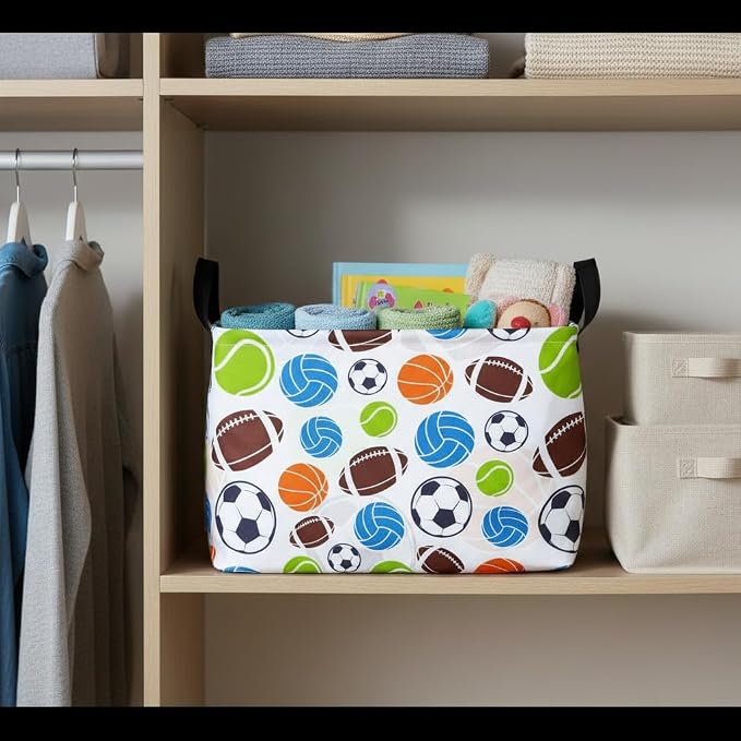 Football Storage Basket Empty, Waterproof Football Storage Bins Organizer, Foldable Closet Shelf Baskets with Handles for Home Office Dorm Closet Shelf - Image 7