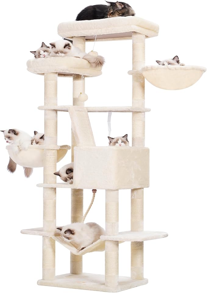Heybly Cat Tree, 68 inch Multi-Level Cat Tower for Indoor Cats HCT025M | Cat Condo with 2 Widened Plush Perches, 2 Cozy Baskets, Scratching Board and Big Caves, Beige - Image 2