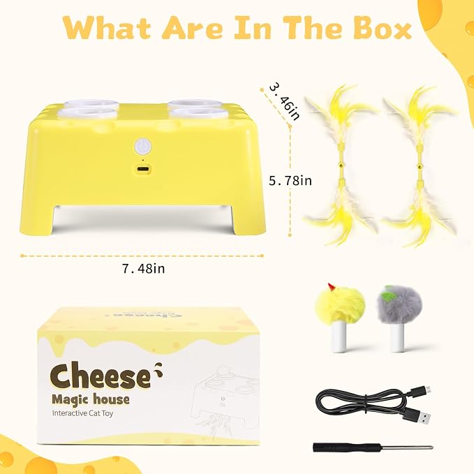 Interactive Cat Feather Toy Cheese Box 3in1 Whack a Mole | 3 Play Modes, Paw-Safe 4 Hole Whack-a-Mole, Anti-Slip Base, 4 Interchangeable Accessories, USB Rechargeable Auto Cat Toy - Image 8