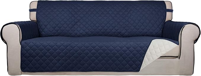 PureFit Reversible Quilted Sofa Cover, Water Resistant Slipcover Furniture Protector, Washable Couch Cover with Non Slip Foam and Elastic Straps for Kids, Dogs, Pets (Sofa, Navy/Ivory) Large | Navy/Ivory, Water Resistant Couch Protector, Washable Pet C... by PureFit