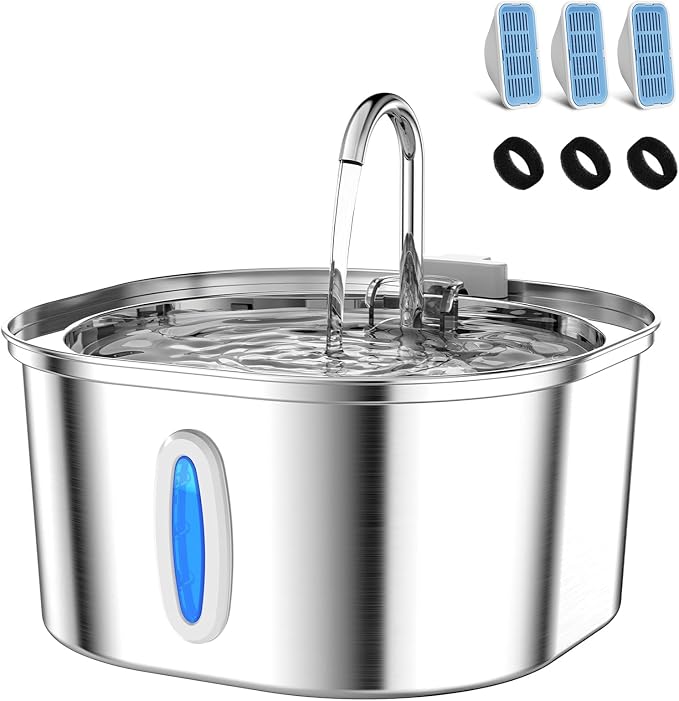 PEKTACO Stainless Steel Cat Water Fountain with 3 Filters, 3.2L/108oz | Cat drinking fountain, dishwasher safe, with triple filtration, quiet pump, and visible water window for cats and small pets by PEKTACO