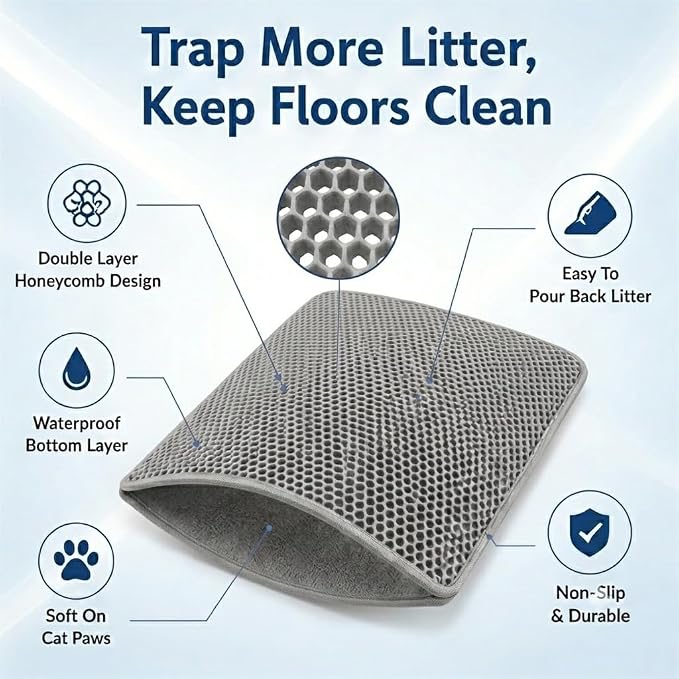 Cat Litter Mat, Honeycomb Litter Trapping Mat, 23.6"x17.7" Grey | Double Layer, Urine-Proof, Non-Slip, Durable, Easy to Clean, Paw-Friendly, Safe & Odorless, Fits Litter Boxes - Image 2