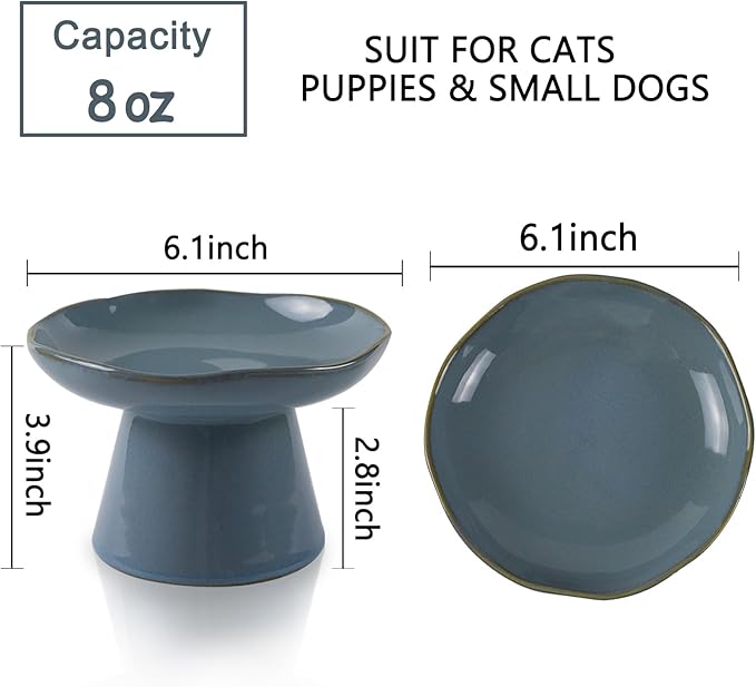 Extra Wide 6.1" Ceramic Raised Cat Food Bowl, Shallow Elevated Pet Feeder for Food Feeding, Anti Vomiting Whisker Fatigue Bowls for Cat Puppy, Blue - Image 2