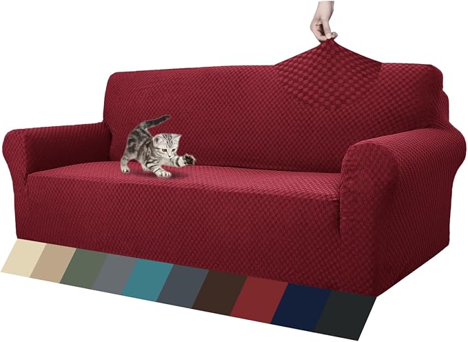 ZNSAYOTX 1 Piece Jacquard Couch Covers for 3 Cushion Couch High Stretch Sofa Cover for Pets Dogs Anti Slip Extra Large Sofa Slipcovers Furniture Protector (XL Sofa, Wine Red) by ZNSAYOTX