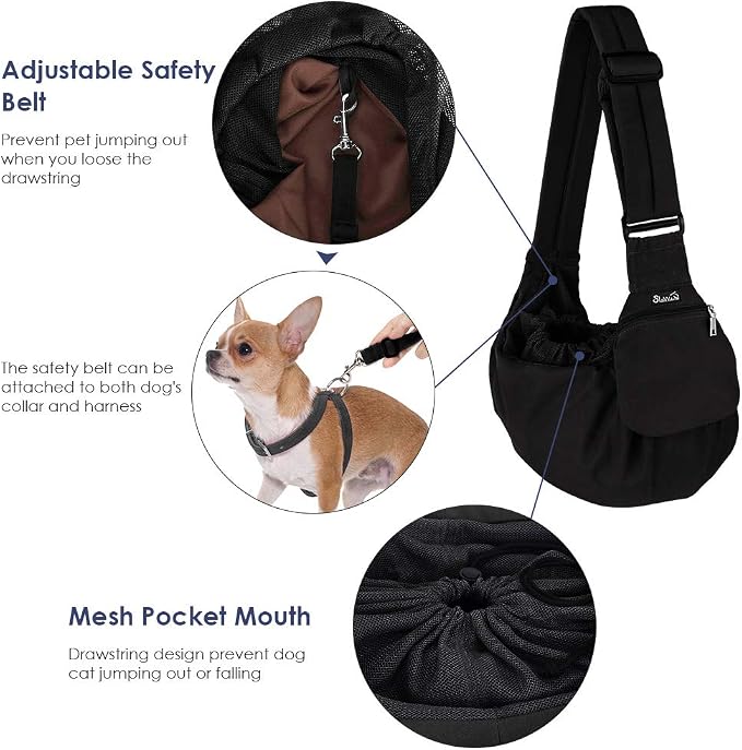 Lukovee Pet Sling, Small Pet Carrier, Hard Bottom Support & Safety Hook | Adjustable Drawstring Opening, Comfortable Padded Shoulder Strap, Zipper Pocket, Dog Slings Purse for Small Dog Cat ,Black-BN - Image 3