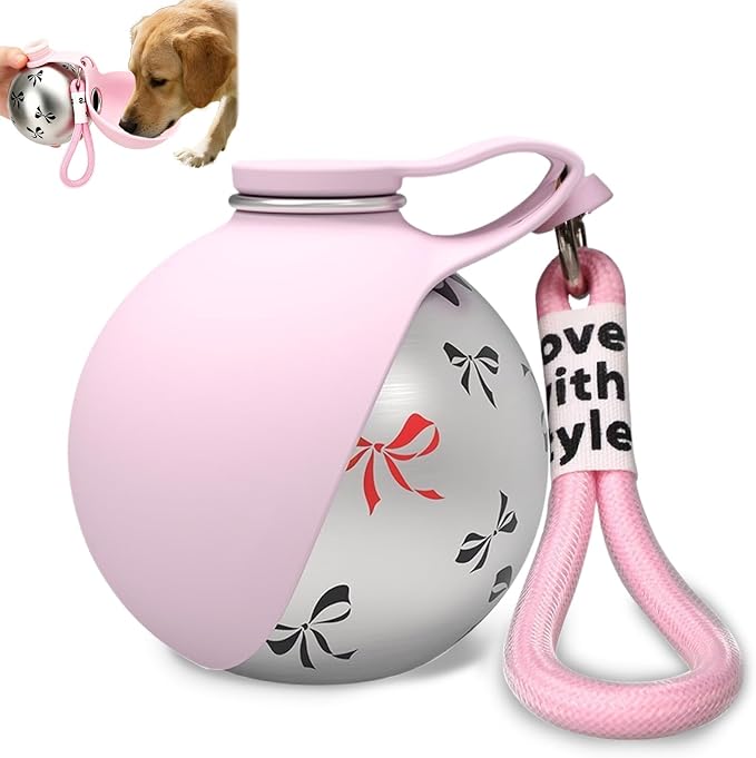 2 in 1 Portable Dog Water Bottle, 10 oz Leak-Proof Stainless Steel Bottle with Food-Grade Collapsible Silicone Bowl, Portable Hydration Gear for Walks, Hikes & Camping, Single Pink Printed Unit by SPOBIT