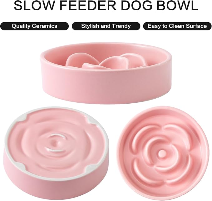6'' Ceramic Slow Feeder Dog Bowls - Petal Shape Modern Dog Food Dish for Cats and Small Breed Dogs, Puzzle Maze Bowl to Slow Down Eating, Anti-Gulping, Dishwasher & Microwave Safe, Pink - Image 2
