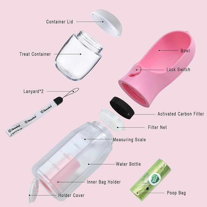 Cibaabo Dog Water Bottle with Food Container & Poop Bag Holder & Filter | Feeding & Hydration & Waste All in One | Travel Puppy Water Bowl | Portable Pet Dispenser | Girl Dog Accessories for Walking - Image 3