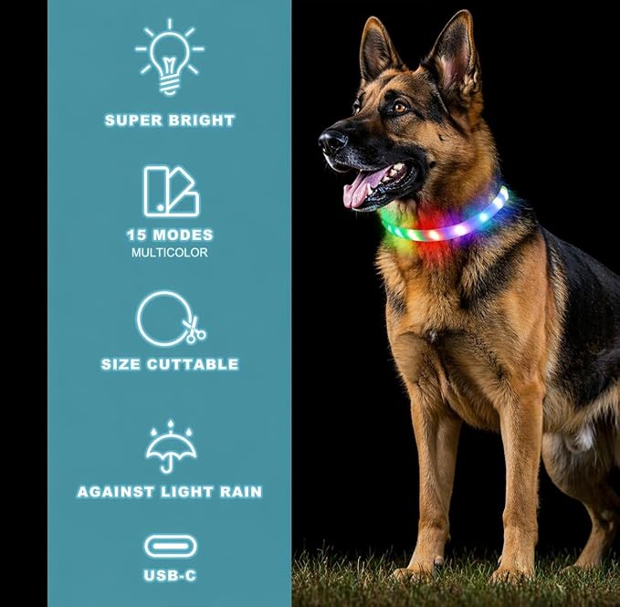 Light Up RGB Dog Pet Collar Multicolor Rainproof, LED USB C Rechargeable Glow in The Dark Collar for Night Walks, Soft Silicone Collar Cuttable for Small Medium Large Dogs 15 Color Modes - Image 8