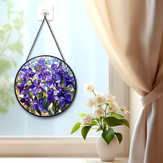 Stained Glass Window Hanging Lilac Stained Glass Style Suncatcher Round Purple Flower Window Hanging Decorative Panel Sun Catcher for Home Window Garden Gift - Image 5
