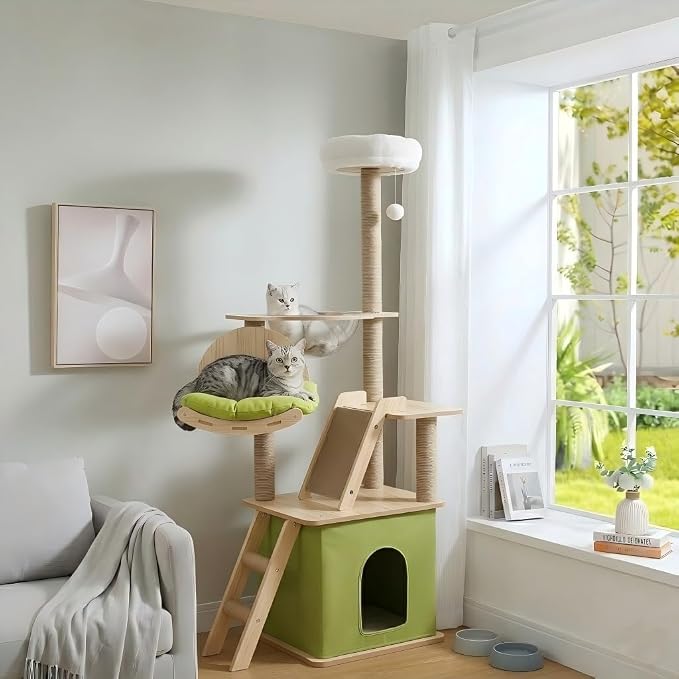 59.1-Inch-Green Cat Tree for Indoor Cats Large Adult, with Cat Condos,Cat Scratchers,Cat Hammock,Space Capsule, Plush Jumping Platform,Hanging Ball,Cat Trees for Indoor Cats(Green/Log Color) - Image 2